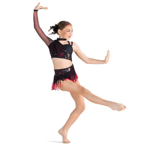 Dance Costume Large Child Red 10th House TH24166 Sequin 2 pc Fringe - Picture 2 of 6